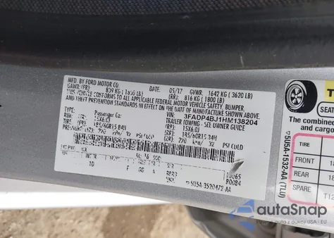 2017 Ford Fiesta Se из США, поврежденный, VIN 3FADP4BJ1HM138204